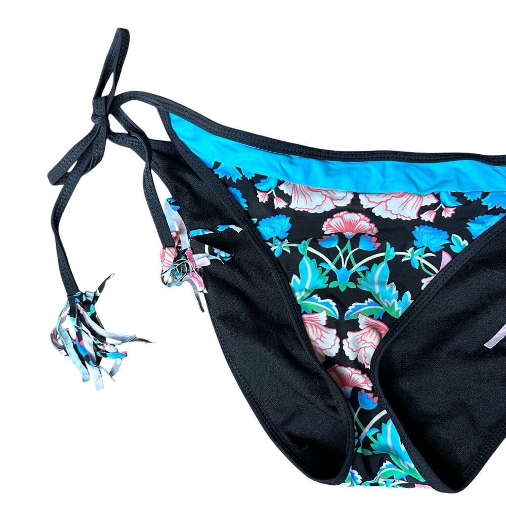 Womens Floral Print Black & Blue Bikini Swim Bottom With Adjustable Side Ties M - Picture 2 of 5